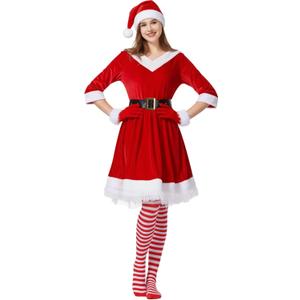 Mrs. Claus Costume for Women Christmas Santa Costume Dress Adult Plus Size Miss 5PCS Red Cosplay Outfit Xmas Party (Large)