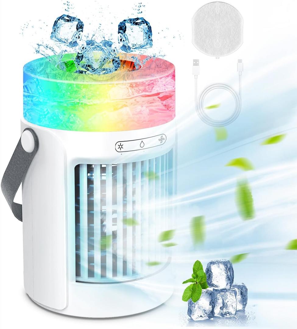 Mini Portable Air Conditioners Humidifier with 3 Speeds & 7 Colors Light, Quite Portable Fan with 650ML Tank, Portable AC Evaporative Air Conditioner Portable for Room, Office, Outdoor & More