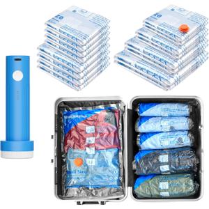 16 Pack Vacuum seal bags for clothing With Coldless Pump, Vacuum Storage Bags,Space Saver Sealer Bags, Pillows, Comforters, Blankets, Bedding,Travel,