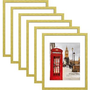 PEALSN 11x14 Picture Frame Set of 6, Display Pictures 8x10 with Mat or 11x14 without Mat for Wall Mounting or Table Top Display, Photo Frames Collage for Wall Decor, Gold