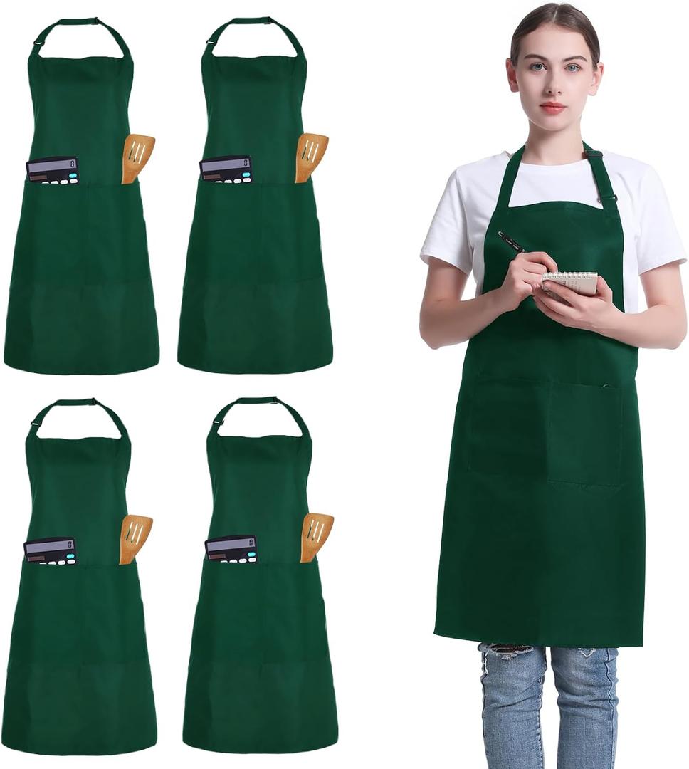 4 Pack Chef Apron, Adjustable Apron with 2 Pockets, Unisex Personalised Apron for Cooking, Kitchen, Restaurant (Green)