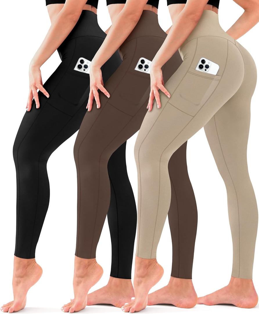 3 Pack Leggings for Women-No See-Through High Waisted Tummy Control Yoga Pants Workout Running Legging, Pocket-black/Brown/Khaki, Small-Medium