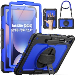 SEYMAC Case for Samsung Galaxy Tab S10+ Plus 2024/ S9 FE+ Plus/ S9+ Plus 12.4" 2023, Heavy Duty Shockproof Protective Case with Screen Protector, Stand, Hand/Shoulder Strap and Pen Holder, Blue