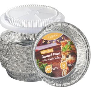 CURTA 8" Round Aluminum Foil Pans with Clear Lids | Heavy Duty | Great for Broiling, Baking, Storage, Roasting, Takeout, Air Fryer | 100 Pack