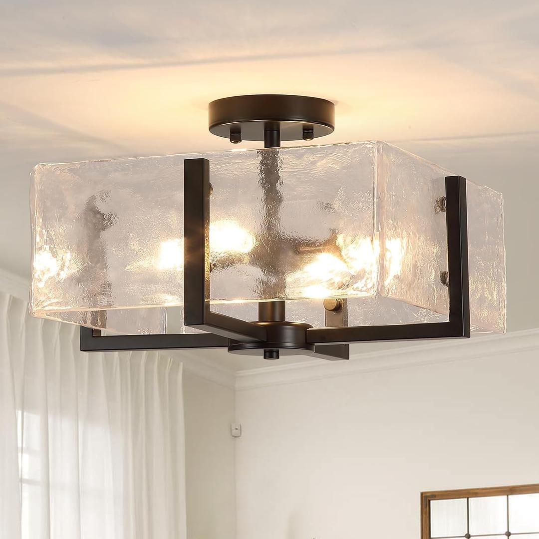 Black Semi Flush Mount Ceiling Light 4-Light Glass Light Fixtures Ceiling Mount,14.96" Modern Farmhouse Light Fixture for Foyer, Hallway, Entryway, Dining Room, Kitchen, Bedroom, Porch
