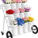 VGMiu Flower Display Stand with 12 Buckets,3 Layers Metal Flower Cart with Large Wheels, Moving Florist Bouquet Shelf for Indoor Outdoor Patio Garden Wedding Florist, White