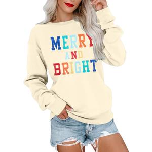 MOUSYA Christmas T-Shirt Women Merry Bright Colorful Letter Printed Sweatshirt Casual Long Sleeve Round Neck Pullover Tops (Beige, L)