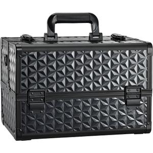 Joligrace Makeup Train Case Professional Cosmetic Organizer Aluminum Storage Box with 4 Adjustable Dividers Trays Lockable Portable with Shoulder Strap (EXP 12/31/36)