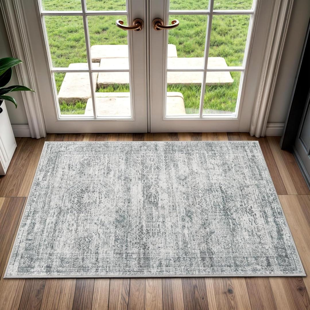 2x3 Washable Rugs for Kitchen, Floor, Entryway, Powder Room Small Area Rug Non-Slip Vintage Low Pile Throw Door Mat Grey