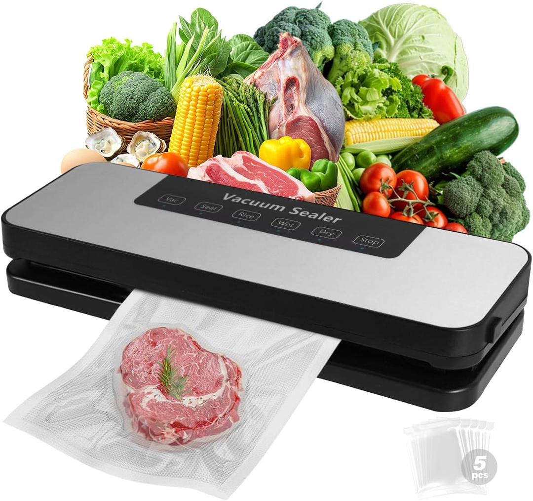 Vacuum Sealer Machine Food Vacuum Savers Kit with 20s Fast Seal for Dry & Moist Food, LED Display, with 5 BPA-Free Reusable Vacuum Bags for Sous Vide & Food Preservation