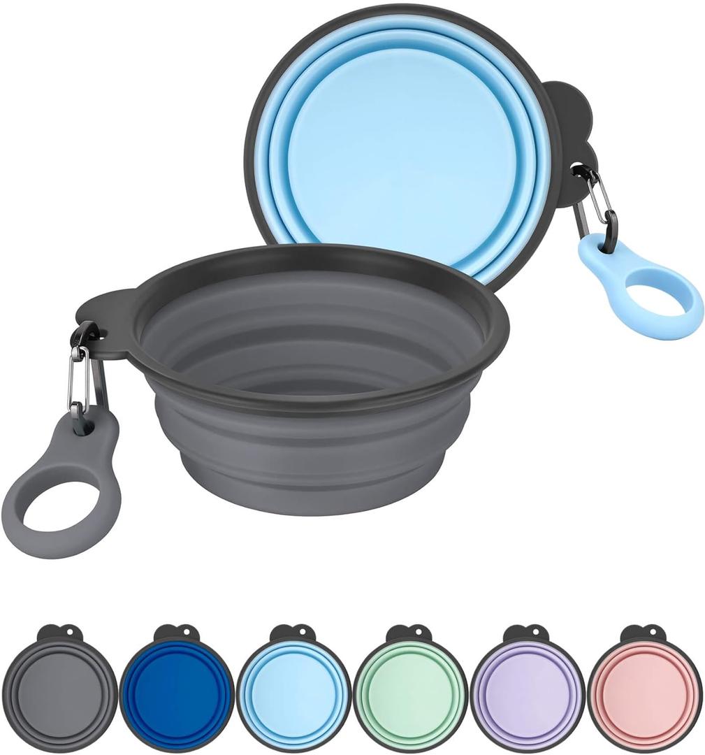 Aonkey Collapsible Dog Bowls with Bottle Carrier, 2 Pack Travel Dog Water Bowl Upgraded Carabiner, One-Piece Molded Rim No Fall Off or Crack, Foldable Silicone Portable for Pets Walking Hiking 15oz (5. Gray & Sky Blue)