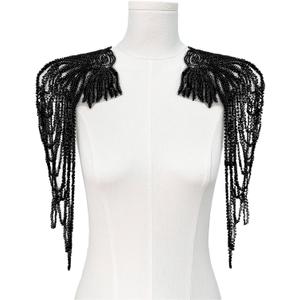 1 Pair Handmade Rhinestone Applique for Clothes, Sparkle Crystal Sewing Patches for Wedding Dress, Glass Beads Fringe Epaulettes for Shoulder Bodice Jacket Party Embellishment (Black)