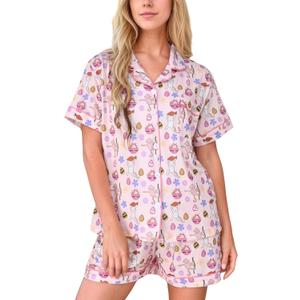HMPEAIIY Women Y2k Pajamas Set Cute Preppy 2PCS Button Down Holiday Monkey Shorts Summer Outfit Beach Vacation Loungewear Pjs Sleepover Party Birthday Gift(Happy Easter, X-Small)