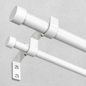 White Double Curtain Rod, 36 to 72 Inch Dual Curtain Rods with Aluminium Modern End Cap Finials, 1 Inch Adjustable Heavy Duty Window Treatment Rods, Telescopic Metal Double Drapery Pole Set