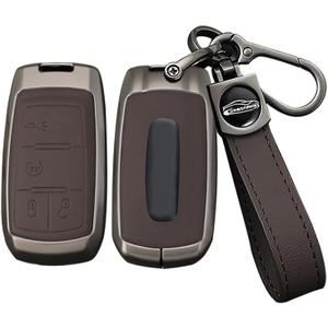 ontto Fit for Ram Truck Key Shell Case Metal and Leather Key Fob Protector Fit for Dodge Ram 1500 2500 3500 4500 5500 2019-up,Solid Key Cover with Keychain,4-Button-Brown