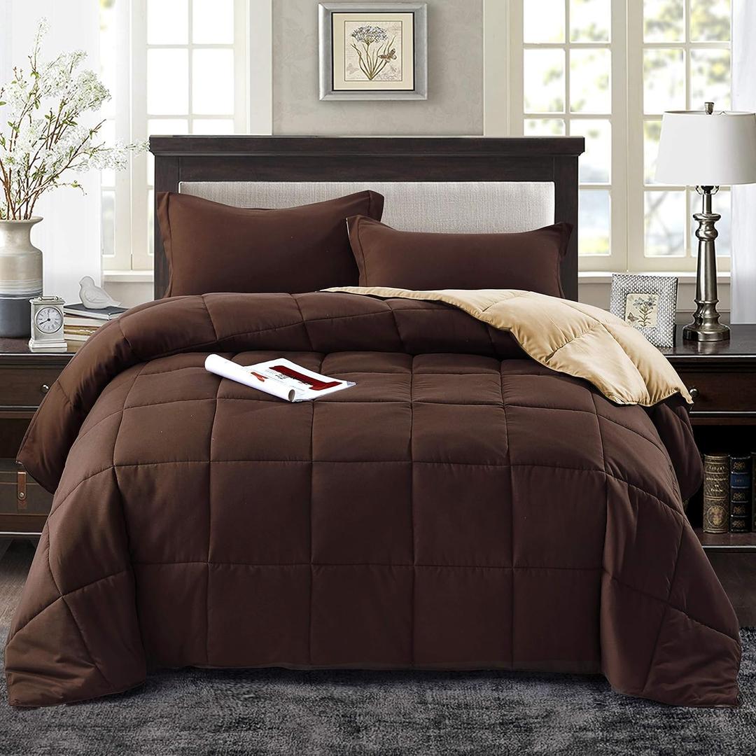HIG 3pc Down Alternative Comforter Set - All Season Reversible Comforter with Two Shams - Quilted Duvet Insert with Corner Tabs - Box Stitched - Super Soft, Fluffy (Full/Queen, Chocolate)