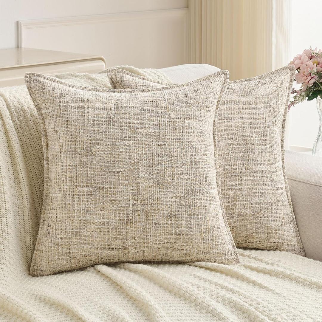 FUTEI Pack of 2 Chenille Tweed Vintage Throw Pillow Covers 16x16 Inch Soft Decorative Cushion Case Modern Farmhouse Accent for Couch Bed Living Room, Beige