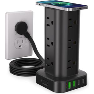 Power Strip with Wireless Charger, Flat Plug Surge Protector with 6FT Extension Cord, 12 AC Multiple Outlets, 4 USB (2 USB C), 15W Wireless Charging Power Tower for Home Office Dorm, Black
