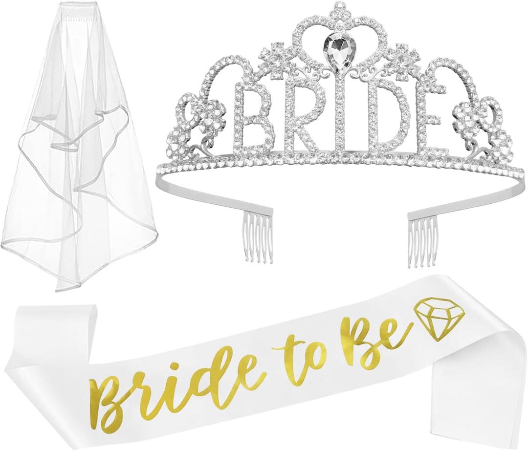 JETKONG 3 Pcs Bachelorette Party Decorations BRIDE Crown, Bride to Be Sash&Veil for Women Bachelorette Party Gifts, Bridal Shower Supplies, Gifts, Favors (Silver)