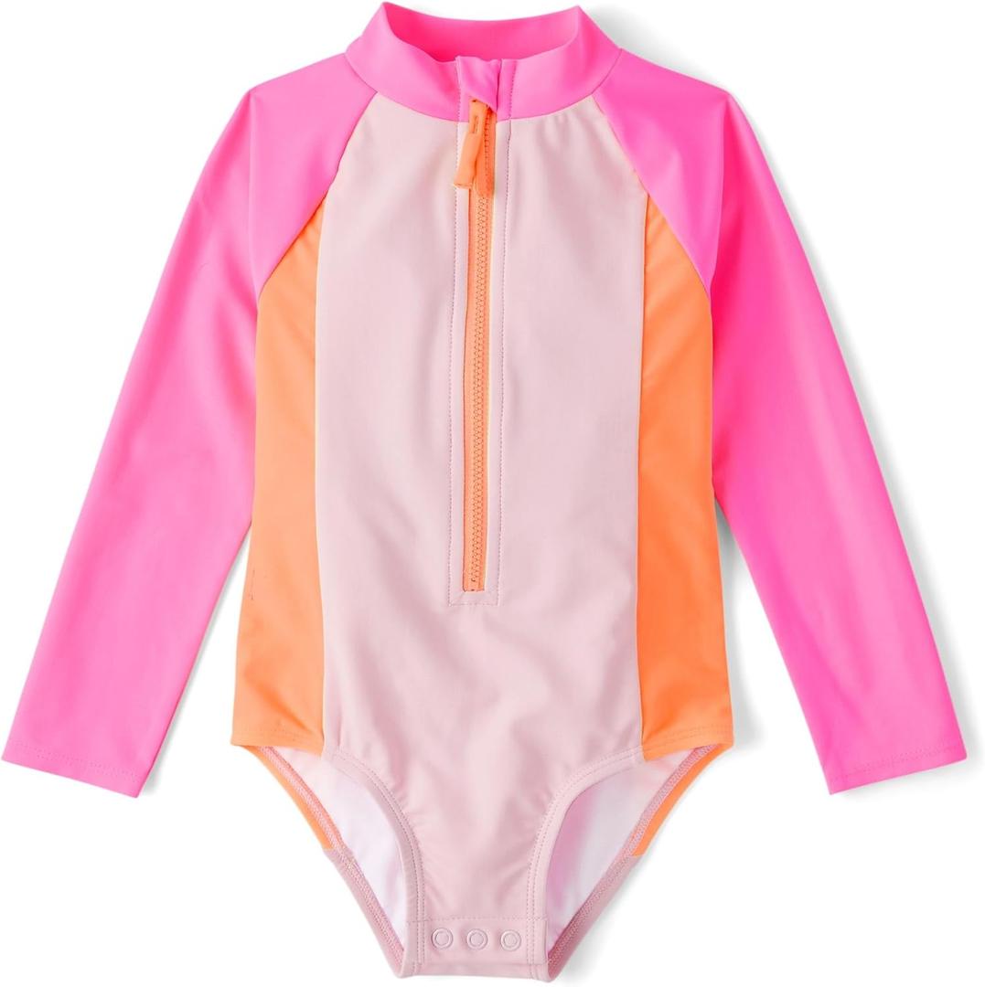 The Children's Place Baby Girl's and Toddler Long Sleeve Half Zip One Piece Rashgaurd Swimsuit (9-12 Months, Neon Peony)