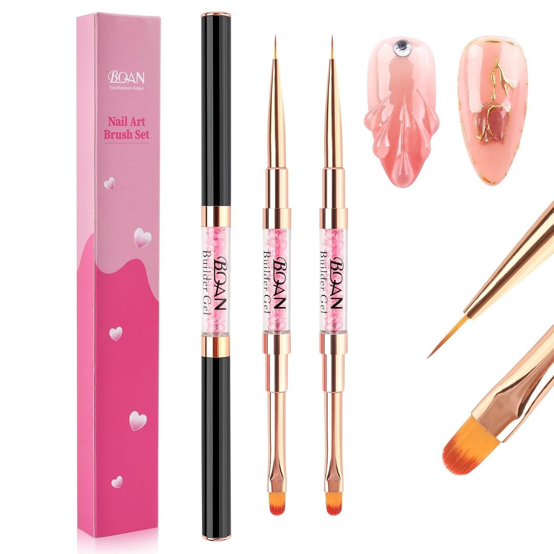 BQAN 2Pcs Dual-ended Nail Art Brush, Builder Gel & Hard Gel Brush for Design, Liner & Oval Brushes with Rhinestone Handle, Professional Nails Art Tools