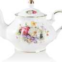 Sweejar Ceramic Teapot with Infuser, Floral Relief Gold Rimmed Teapot, 29 OZ Porcelain Tea Pot for Blooming and Loose Tea, Coffee (Flower Style) 
