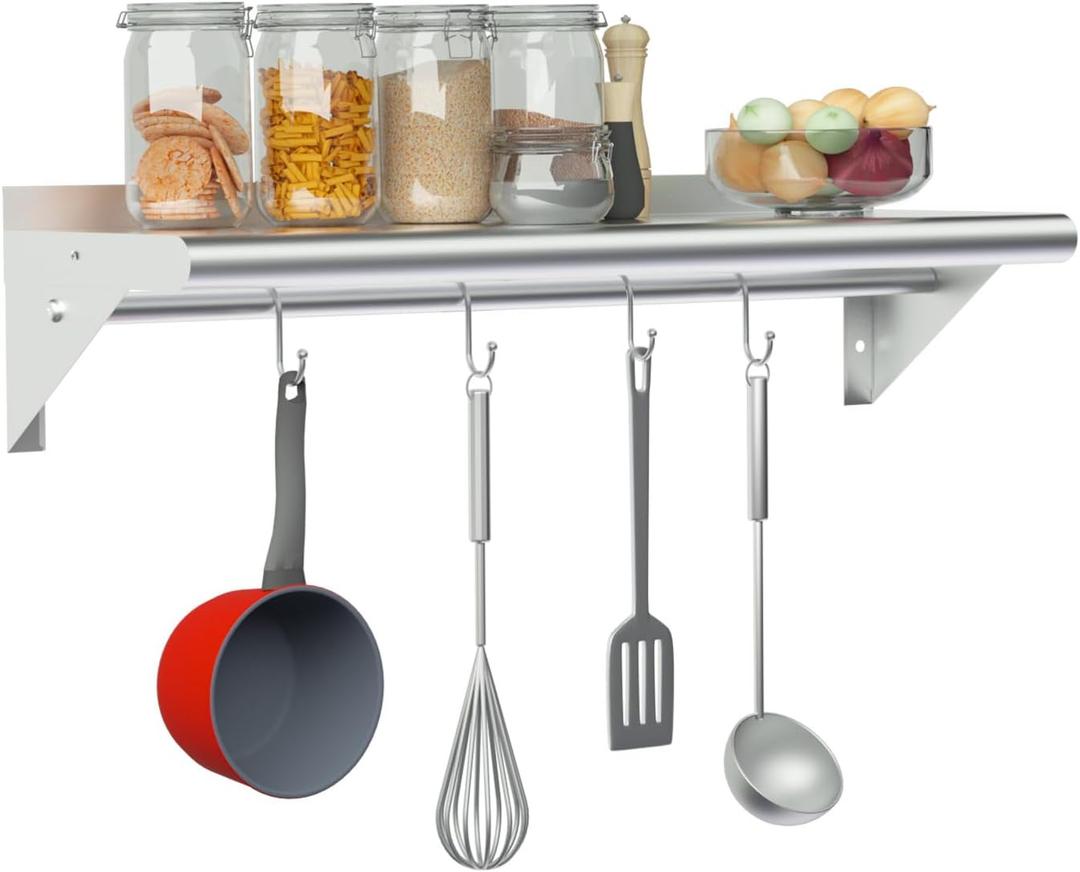Treshin Stainless Steel Shelf with 4 Hooks 12 x 24 Inches, Commercial Wall Mount Floating Shelving Storage Pot Rack for Restaurant, Kitchen, Home, Bar and Hotel
