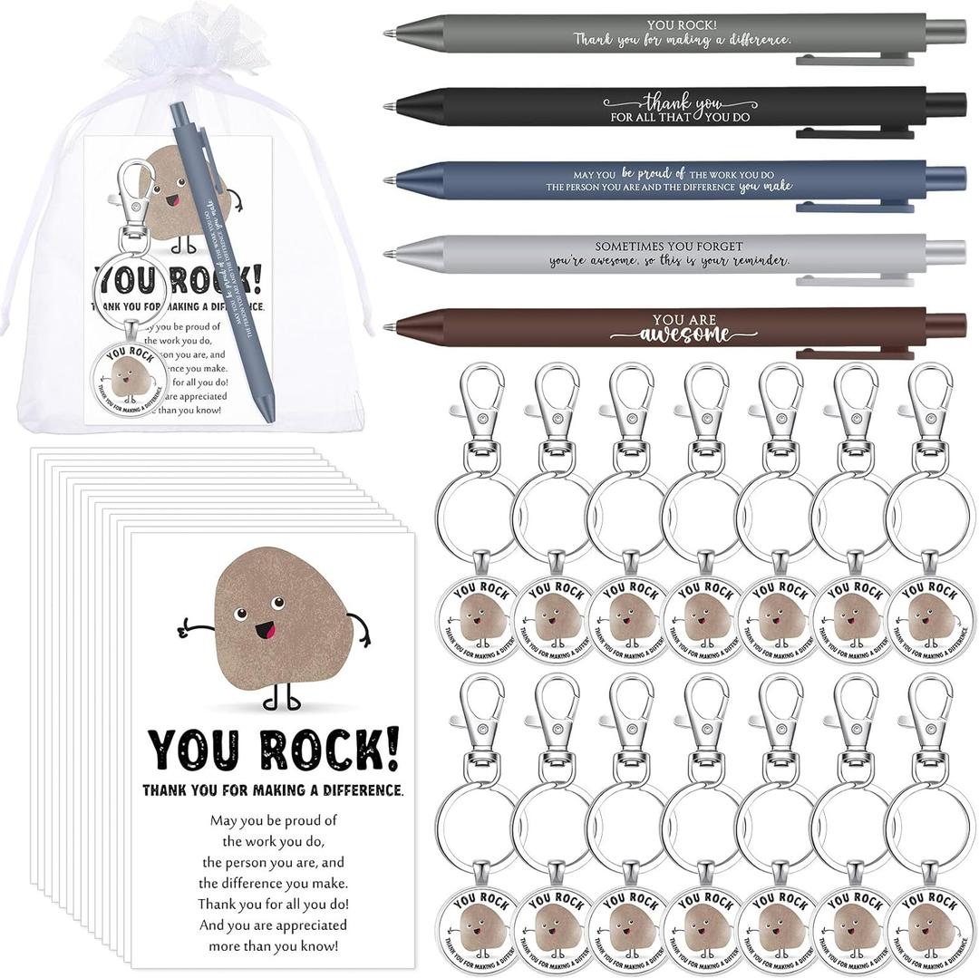 15 Sets Valentines Thank You Gifts You Rock Pens Keychains with Cards Bags Positive Employee Appreciation Gifts for Coworker Team, 5 Styles