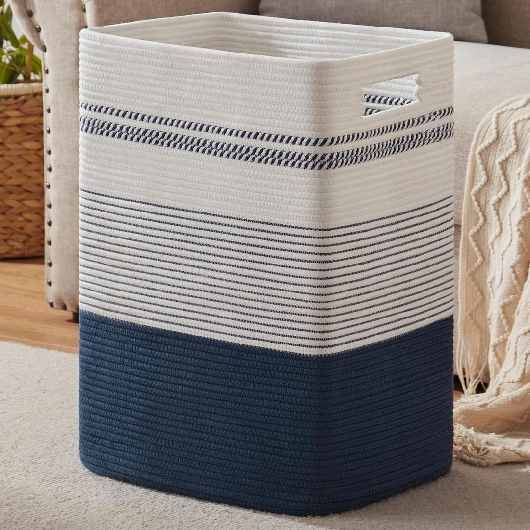 Laundry Hamper, Large Woven Rope Tall Laundry Basket with Handles, 22" X 17" X 13", Decorative Storage Basket for Clothes and Blankets in Living room, Bedroom, Dark Blue& White (80L)