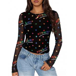 Pride Sheer Tops for Women LGBT Mesh Long Sleeve Top See Through Sexy Going Out Tee Love Wins Graphic Undershirt (Black, S)