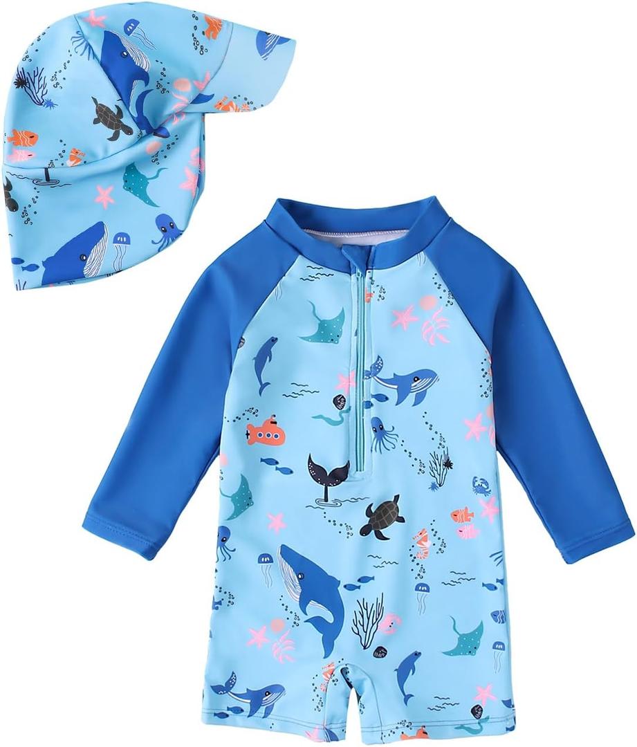 WYTbaby Baby Boy Rash Guard Swimsuit Set with Sun Hat, Long Sleeve One Piece Zipper Sunsuit for Infant Toddler, 100