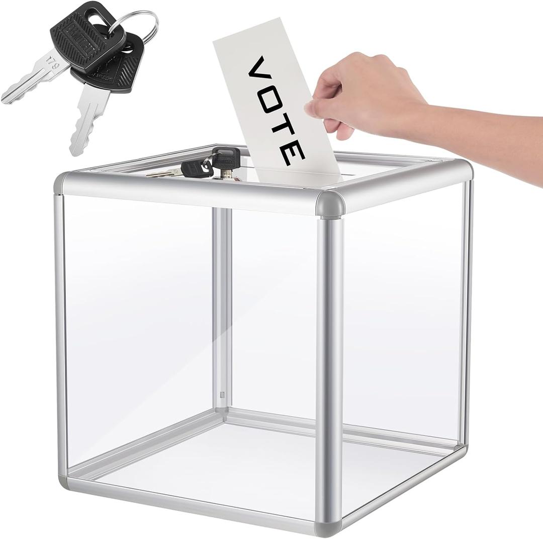 Acrylic Donation Raffle Box with Slot & Lock, Large Clear Ballot Offering Suggestion Ticket Holder for Fundraising Drawing Storage Container Tip Jar Voting Charity(10 x 10 x 10 In,Clear)