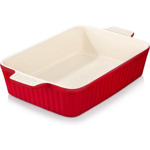 MALACASA 4.4 QT Baking Dish, 9x13 Large Casserole Dish for Oven, Ceramic Baking Pan, Rectangular Lasagna Pan Deep with Handles for Baking, Durable Microwave Oven Safe, Red, Series BAKE