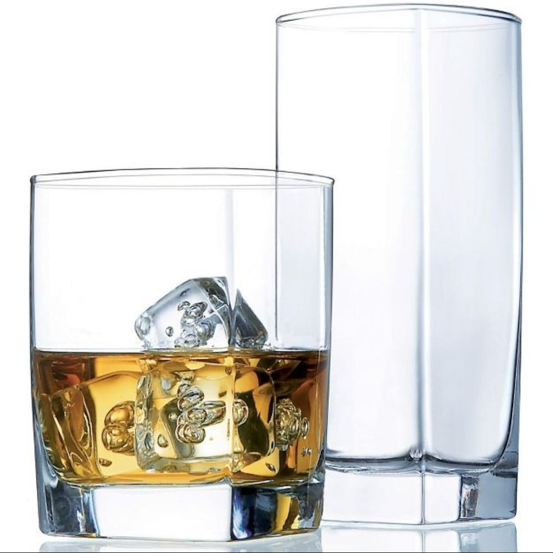 Le'raze Set of 15 Drinkware Kitchen Glasses - 8 Tall Highball Glass Cups & 8 Short Old Fashioned Drinking Glasses