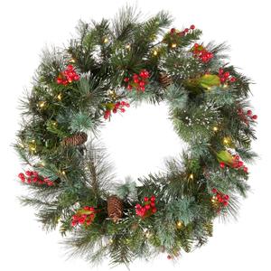 National Tree Company 24 in Pre-Lit Wintry Pine Flocked Artificial Christmas Wreath, Christmas Decoration with Pinecones, Red Berries, 50 Clear LED Lights, 113 Tips, Timer, Green