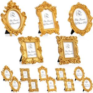 Maitys 15 Pcs Mini Picture Vintage Frames with Stands Tiny Antique Photo Baroque Ornate Resin Oval Frame Table Top Display Home Wedding Decor (Gold)