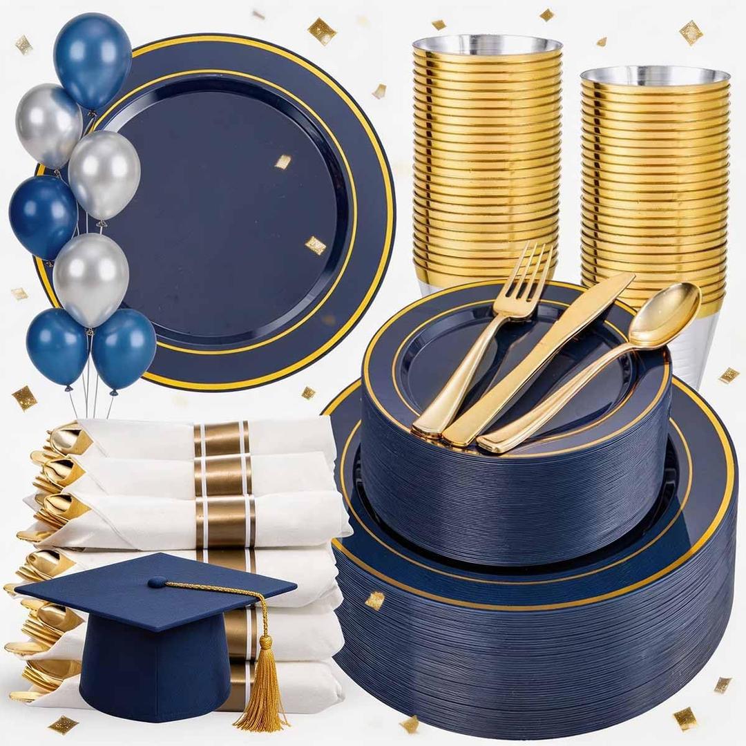 WDF Partyware 350PCS Navy Blue and Gold Plastic Plates with Rolled Napkins Include Dinner Plate 10, Dessert Plate 7, gold Cups 9 OZ, Pre Rolled Napkins for Birthday/Wedding/Party/Graduation