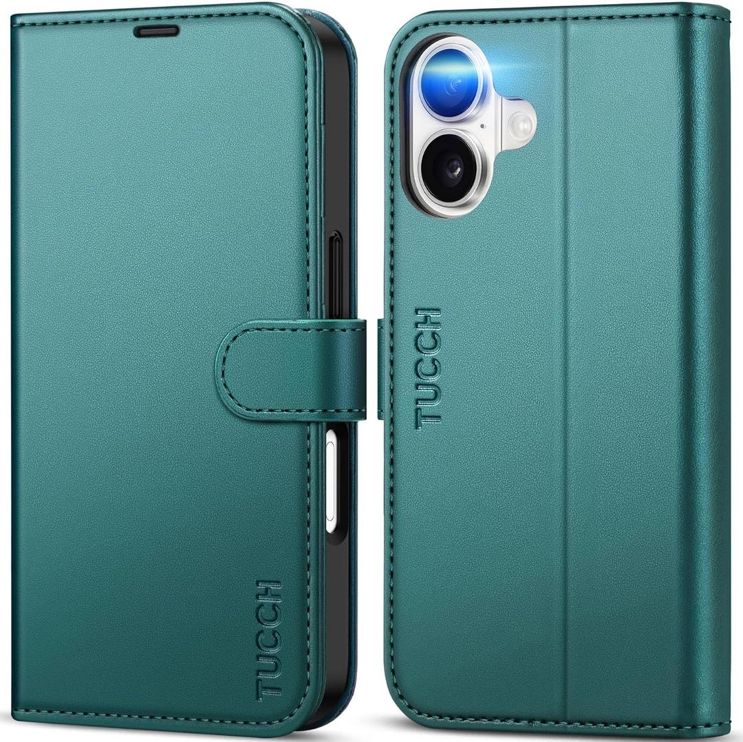 TUCCH Wallet Case for iPhone 17 (6.3") 2025, 4 Card Holders | RFID Blocking | Stand | Shockproof TPU Shell | PU Leather | Magnetic Closure | Protective Flip Folio Cover | Bluish Green