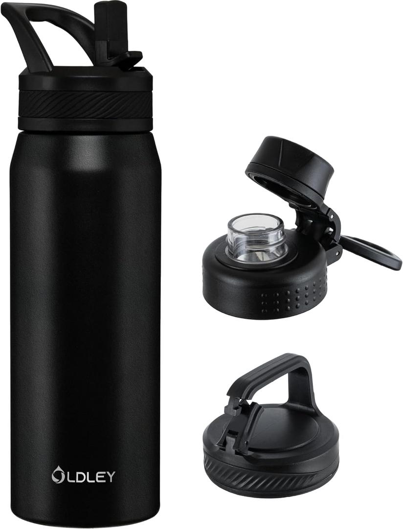 OLDLEY 24 oz Insulated Water Bottle With Straw, Stainless Steel Sports Water Cup Flask with 3 Lids(Straw, Spout and Handle Lid) Double Walled Travel Thermal Canteen Mug,No Silicone Base,Black