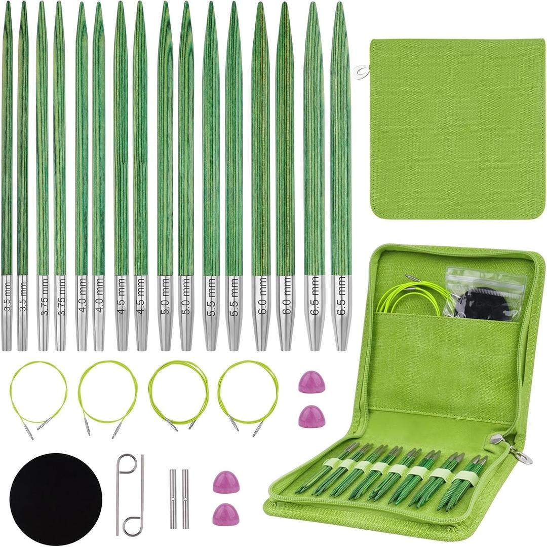 Hobekoee Interchangeable Circular Knitting Needles Set,8 Pairs Birch Wood Interchangeable Knitting Needles Set 3.5mm-6.5mm with Cables,Accessories and Case (Green)