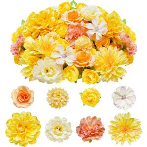jiebor 60Pcs Mini Faux Flower Heads Small Artificial Tiny Fake Silk Fabric Roses Flower Heads Bulk for Crafts DIY Graduation Cap Party Home Wedding Decor (Yellow)