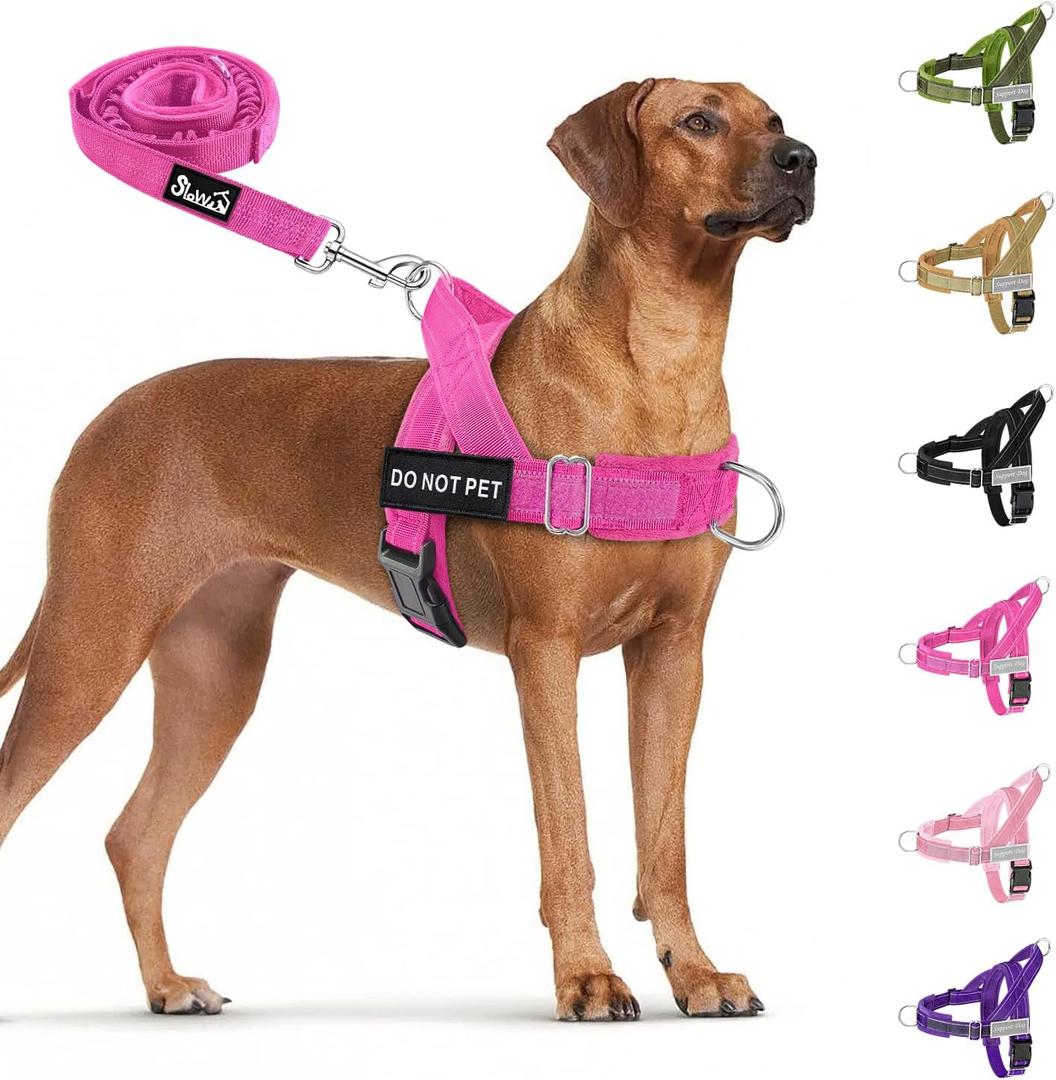 SlowTon No Pull Dog Harness - Heavy Duty Dog Harness and Leash Set for Medium Large Dogs, Reflective Tactical Harness with Soft Padded and Front Clip for Easy Walk and Training (Fuchsia L)