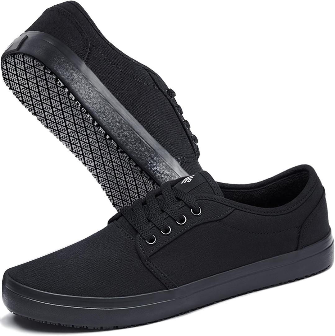 Non-Slip Work Shoes, Unisex Water-Resistant Food Service Sneakers for Restaurant Server, Comfortable Black Casual Water & Oil Slip-Resistant Culinary Chef Kitchen Cook Shoes for Men & Women (12.5 Women/11 Men)