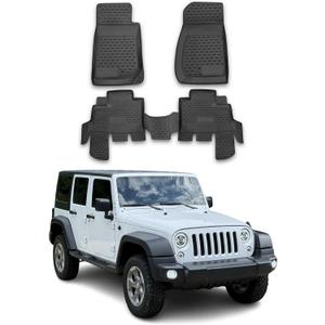 OMAC Floor Mats for Jeep Wrangler 2007-2013 4 Door Car Mats All Weather 3D Custom Fit Rubber Mat Waterproof Odorless TPE Floor Liners Laser Measured Non-Slip (Black)