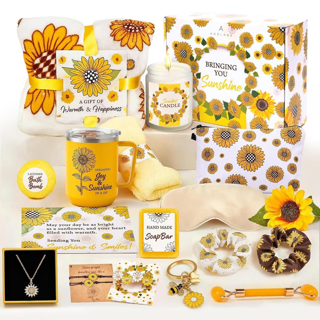 Andlane Sunflower Gifts for Women - Unique Gift Basket Set - Birthday Gifts for Women, Best Friend, or Sister - Sunshine Box Care Package, Get Well Soon, Thinking of You, Friendship Basket 18Pcs Large
