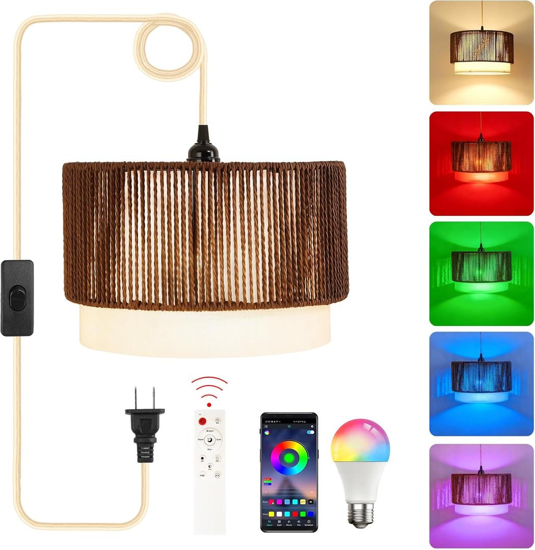 Plug in Pendant Light, Hanging Lamp with Woven Shade, Ceiling Light Fixture with On/Off Switch and 15FT Cord, Farmhouse Hanging Lighting for Living Room, Bedroom, Dining Room (Brown)