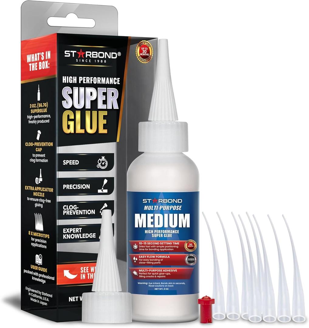 Starbond Medium Super Glue Pro Kit (2 oz)  Strong, Fast, All-Purpose CA Glue (Cyanoacrylate Adhesive)  with Anti-Clog Cap, Precision Tips & Extra Nozzles for Woodworking, Quick Fixes & Hobby Models