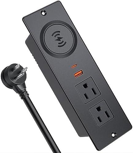 Recessed Power Strip with 15W Wireless Charger, Haiaoyyds Flush Mount Power Strip with 2 Outlets, 2 USB, and 6.56FT Flat Plug Cable, Furniture Recessed Outlet for Drawer, End Table, Sofa, Cabinet