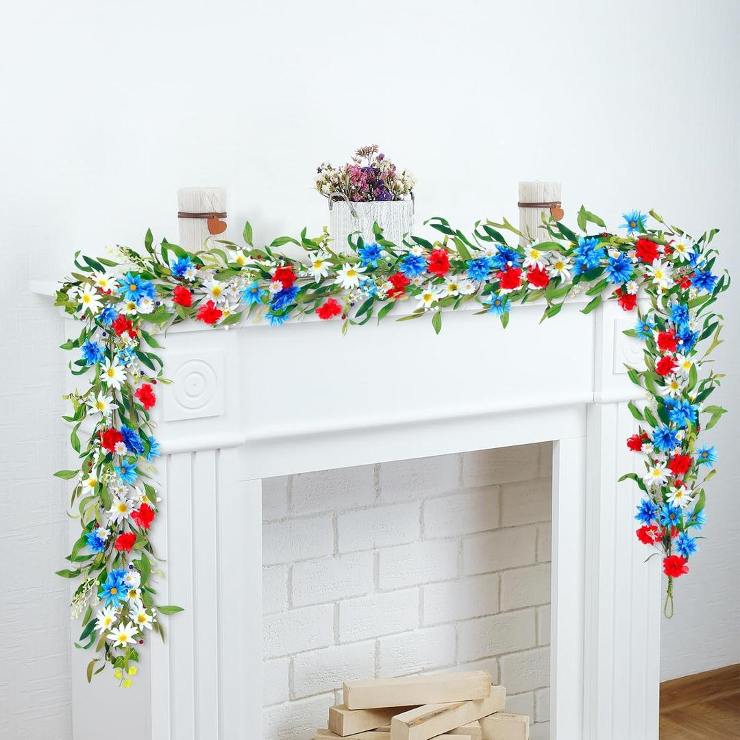 XunYee 2 Pcs 6 ft 4th of July Patriotic Garland for Mantle, Red White Blue Flower Garlands for Independence Day - Fireplace Door Table Tree Stairs Home Decorations