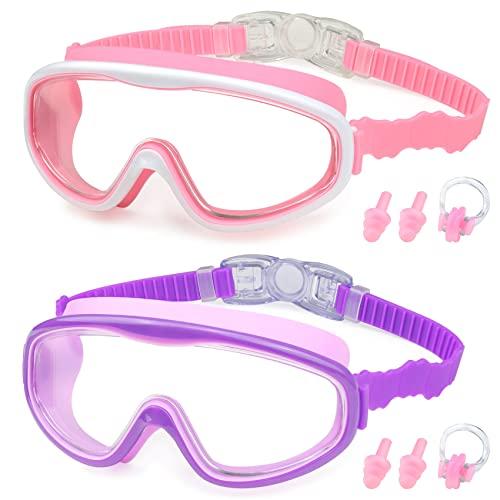 KAILIMENG 2 Pack Kids Swim Goggles, Clear Wide View No-Leak Anti-Fog UV Protection Swimming Glasses with Nose Clip Earplugs for Toddlers Youth Child 3-15 Years Old (Pink & Purple, 2 Pack)